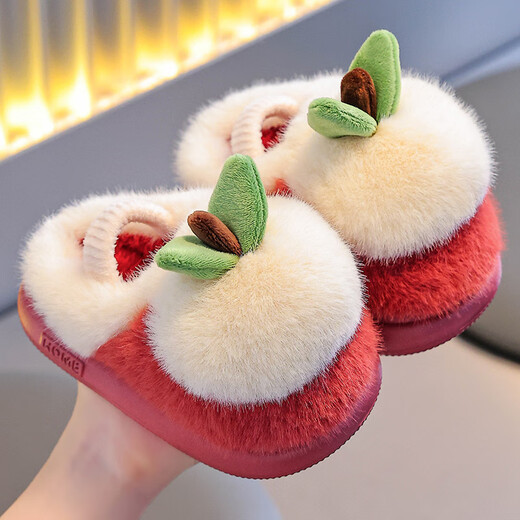 Tiaodegao children's cotton slippers for girls, indoor and outdoor home warm floor shoes, cute cartoon apple plush cotton shoes, red, size 26-27, inner length about 17cm
