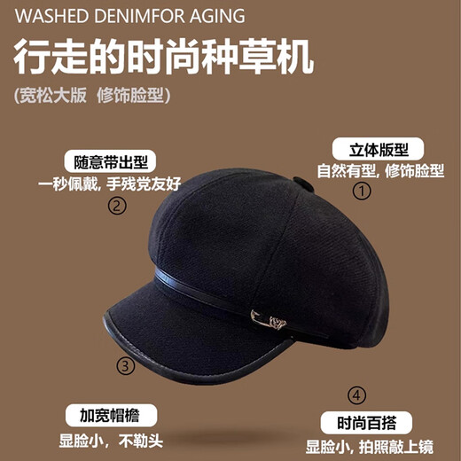 Tokishima beret autumn and winter hat black Japanese retro literary style octagonal female peaked cap female octagonal hat literary sense black one size