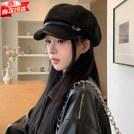 Tokishima beret autumn and winter hat black Japanese retro literary style octagonal female peaked cap female octagonal hat literary sense black one size