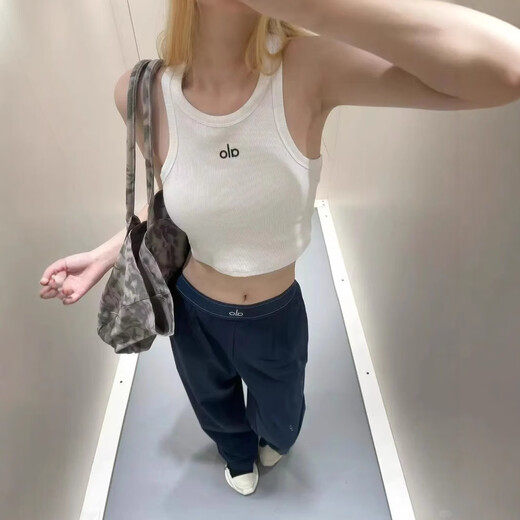 ALOGANT Spring Sleeveless Tank Top Casual Sports Slim Short Threaded Top White M