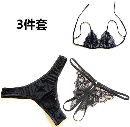 Couple Underwear T-Pants Men's and Women's T-Pants Sexy Suit Fully Transparent Hollow Ice Silk Valentine's Day Gift QL139 QL-139 Black + Bra One Size