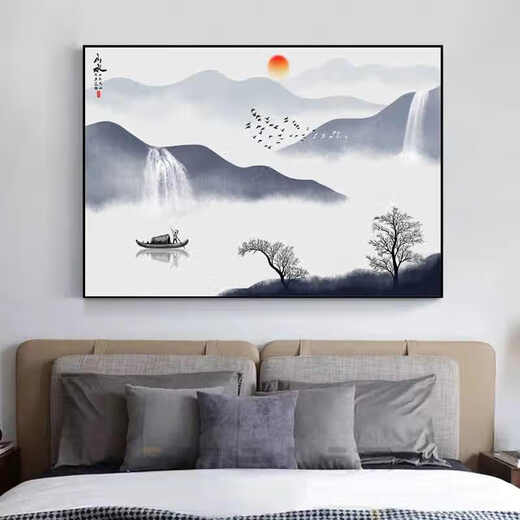 
Sensual paintings New Chinese style landscape paintings Restaurant dining room decoration painting Atmospheric bedroom bedside hanging paintings Living room tea room background wall mural JD15686 120*80CM crystal porcelain aluminum alloy black frame