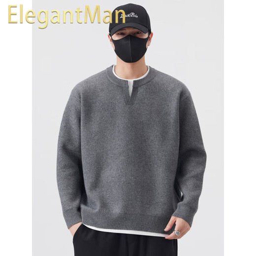 ElegantMan men's fake two-piece Henry collar sweater 2025 autumn and winter new loose and versatile thickened sweater for men light gray M_-130Jin Jin is equal to 0.5 kg