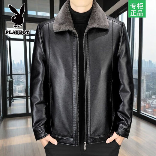 Playboy leather jacket men's autumn and winter leather jacket short middle-aged and elderly winter cotton coat plus velvet thickened dad winter clothes black thickened XL 180/96A 125-140Jin Jin equals 0.5 kg