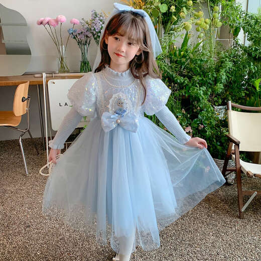 Annie Youer Girls Elsa Princess Dress Autumn Sweater Skirt Children's Dress Autumn and Winter Frozen Girl Elsa Dress Blue Velvet 110