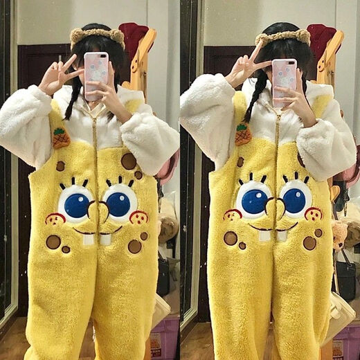 Sunayue SpongeBob SquarePants pajamas, the same style for male and female couples in autumn and winter, one-piece pajamas that can be worn outside, warm and cute home clothes, SpongeBob SquarePants straps style thickened S Height 145-155