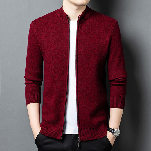 LILANG new autumn and winter woolen sweater jacket solid color knitted cardigan pure wool thickened warm woolen sweater men's black S 165