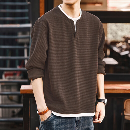 Gelu high-end coffee color fake two-piece V-neck long-sleeved T-shirt for men in autumn and winter plus velvet inner sweatshirt bottoming Henry shirt coffee color M M suitable for 100-130 Jin Jin equals 0.5 kg