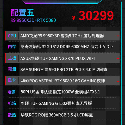 ASUS 24-issue interest-free Ryzen 9 9950X3D ASUS ROG family bucket 5090D host 5080 graphics card game e-sports live broadcast AIDIY assembly machine computer complete machine R9 9950X3D+RTX5080 | Five