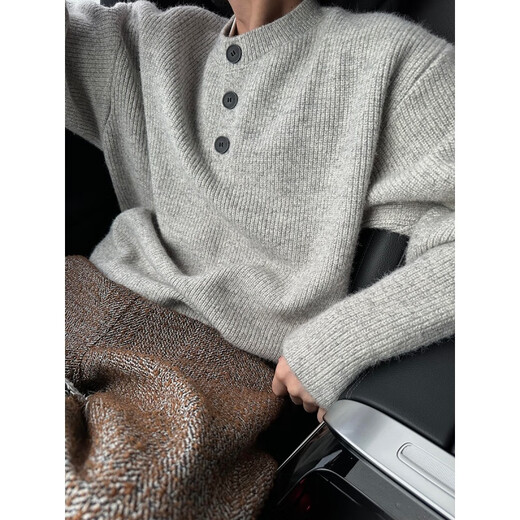 Jingsa American retro lazy old money style sweater men's autumn and winter loose inner Henry collar sweater sweater jacket new gray XL