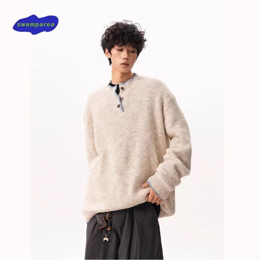 SWAMP AREA American Henry collar sweater for men in autumn and winter new style lazy high-end sweater top jacket light apricot trendy best-selling model M 160-170CM 95-110Jin Jin equals 0.5 kg