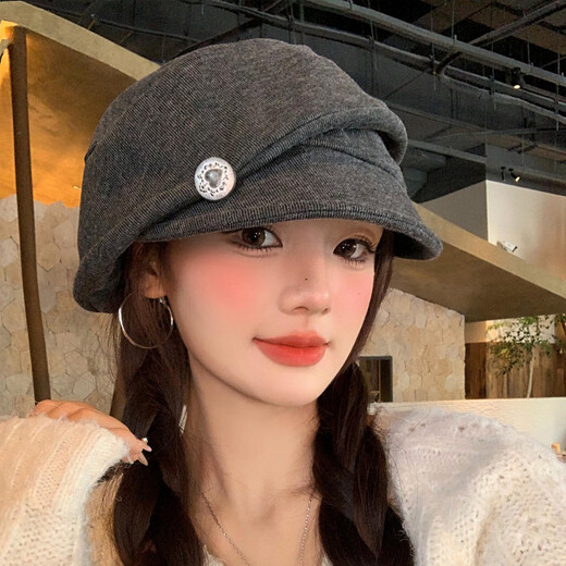 Shen Shi Yi Japanese retro pleated beret women's 2025 new versatile Baotou hat big head circumference showing face little painter hat trendy love button beret dark gray one size