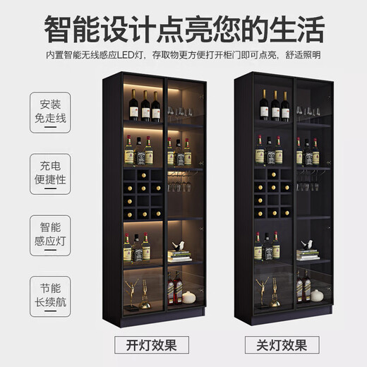 Zhong Zhang Gui Wine Cabinet Light Luxury Solid Wood Sideboard Glass Door Display Cabinet Home Integrated Wall Bookcase New Storage Customized Cabinet 60cm Healthy Particle Board Two-Door Black Comes with Sensor Light (Installation Included)