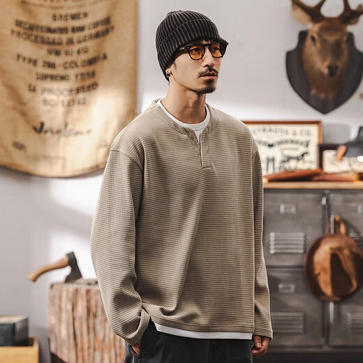 Jay Leno American retro fake two-piece 400g heavyweight t-shirt men's long-sleeved European velvet sweatshirt men's spring and autumn velvet Henry shirt men's apricot plus velvet M suitable for 100-120Jin Jin equals 0.5 kg