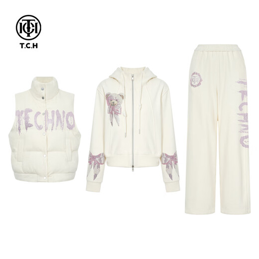 TCH vest suit for women 25 years autumn and winter fashion hot diamond design versatile warm temperament elegant style three-piece set beige M 90-120Jin Jin equals 0.5 kg