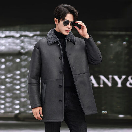 Yiwo Clothing New Original Ecological Fur One-piece Men's Genuine Leather Jacket Mid-Length Windbreaker Lapel Casual Warm Fur Jacket Winter Gray M 165M