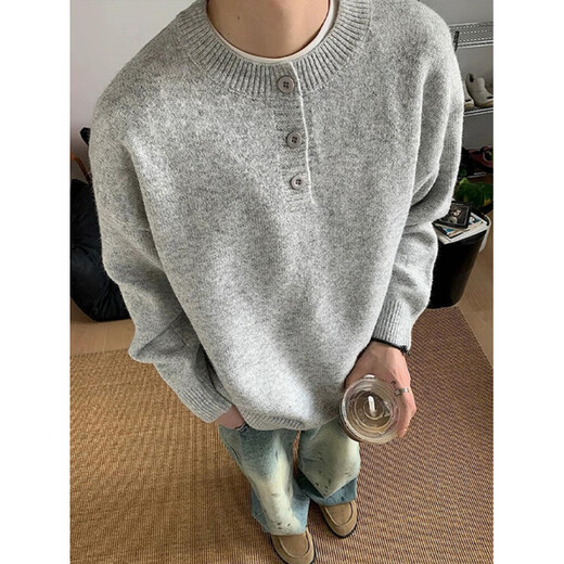 Little Red Book Gray American Sweater Men's Winter High Bottom Lazy Style Sweater Clean Light Gray Henley Collar M