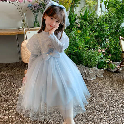 Annie Youer Girls Elsa Princess Dress Autumn Sweater Skirt Children's Dress Autumn and Winter Frozen Girl Elsa Dress Blue Velvet 110