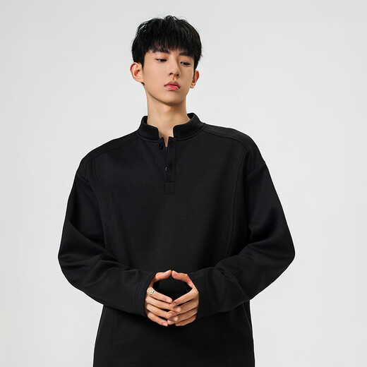 Homlean American Polo Henry shirt men's long-sleeved T-shirt autumn top with casual men's base sweatshirt JC-T24555 black M (recommended 85-100Jin Jin equals 0.5 kg)