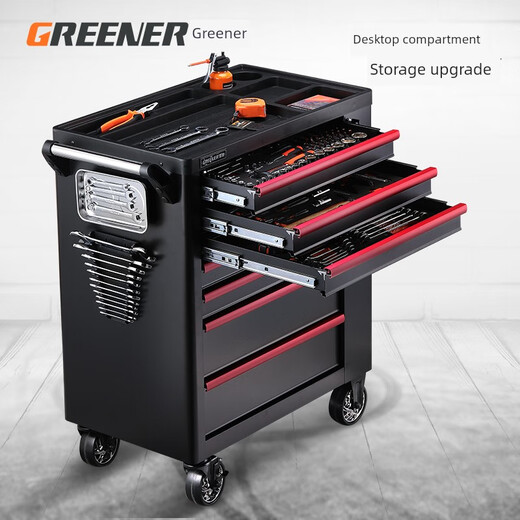 GREENER Tool Cart Tool Cabinet Iron Workshop Car Repair Drawer Cart Multi-Function Heavy-Duty Hardware Repair Box Flagship Model X72 Seven-layer Side Drawing Green and Black Model