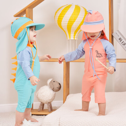 He Jiagong Children's Swimwear 2025 New One-piece Dinosaur Horn Sunscreen Surf Suit for Boys and Girls Infants and Toddlers Quick-drying Dry Swimming 251 Lake Blue 90 cm
