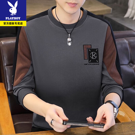 Playboy Spring and Autumn Men's Sweatshirt 2026 New Round Neck Hoodless Embroidered Long Sleeve T-shirt Men's Trendy and Handsome Bottoming Top Spring and Autumn Style-8822 Black High Quality XL Recommended 130-150Jin Jin is equal to 0.5 kg