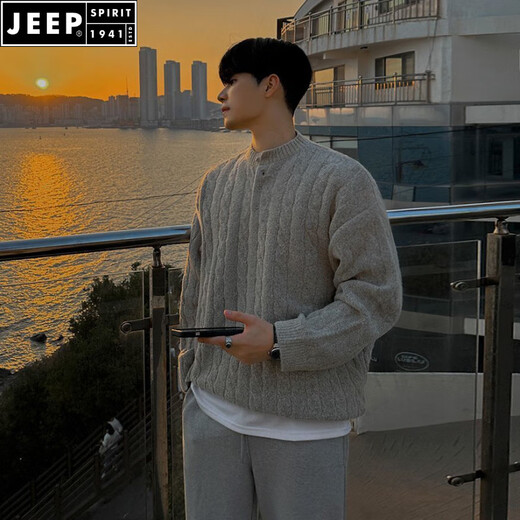 JEEP SPIRIT Lazy Henry Collar Sweater Men's Autumn and Winter Style Korean Style Casual Loose Niche Knitwear Men Navy Blue M