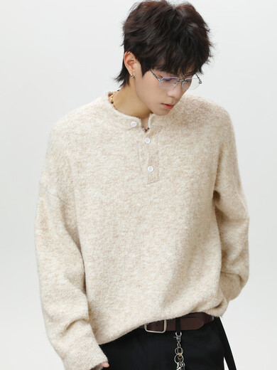 Xiaohongshu's popular men's Henry collar sweater for men in autumn, old money style top pullover sweater, lazy and high-end, dark gray (charcoal gray), M size is slightly too large, one size fits all