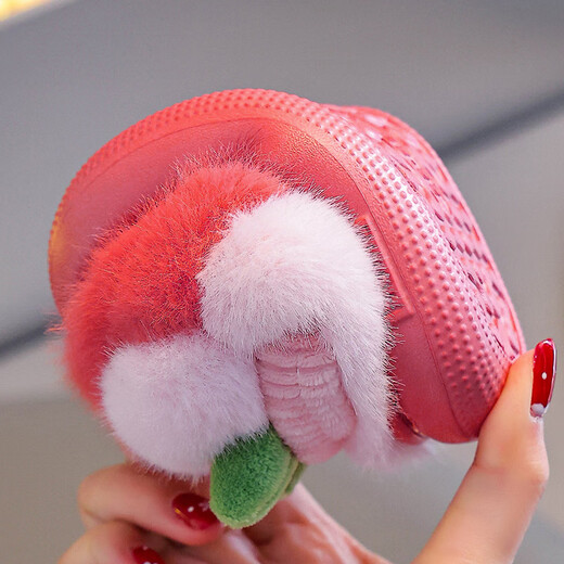 Tiaodegao children's cotton slippers for girls, indoor and outdoor home warm floor shoes, cute cartoon apple plush cotton shoes, red, size 26-27, inner length about 17cm