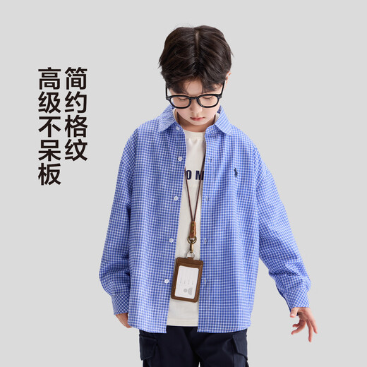 Zuoxi children's clothing boys plaid shirt spring and autumn 2026 new style pony embroidered long-sleeved shirt western style children's inner wear blue 130 cm