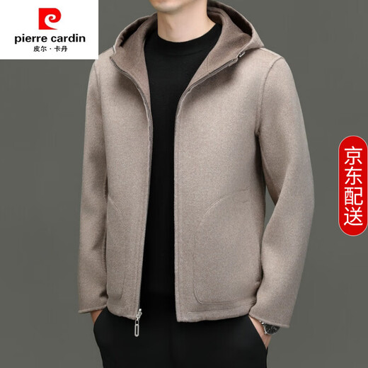Pierre Cardin short woolen coat men's light luxury 100% pure wool double-sided hooded woolen coat casual jacket high-end black ten red coffee M