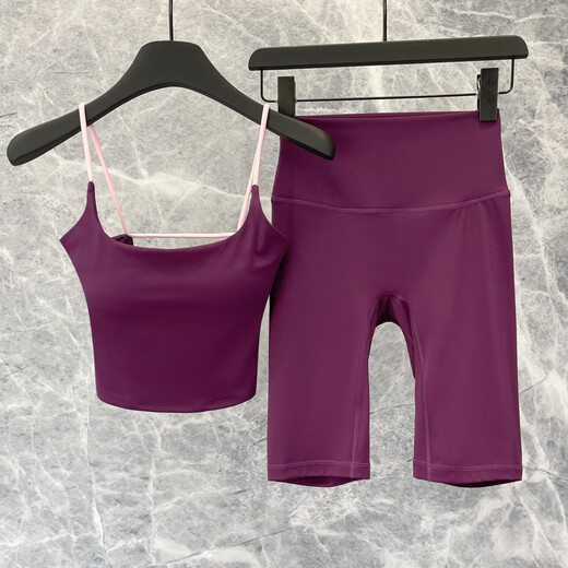 Yoga wear for women 2025 new shorts suit summer Pilates thin gym sports quick-drying professional running wear magenta purple bra (fixed cup) + magenta purple 5-point pants S