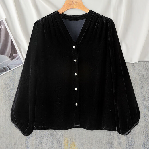 Sibaishe V-neck shirt women's 2025 autumn new loose contrast button long-sleeved temperament commuter top