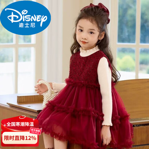 Disney girls dress autumn and winter 2026 new baby New Year's birthday children's winter clothing one-year-old dress skirt red brand red plus velvet + apricot sweater 90