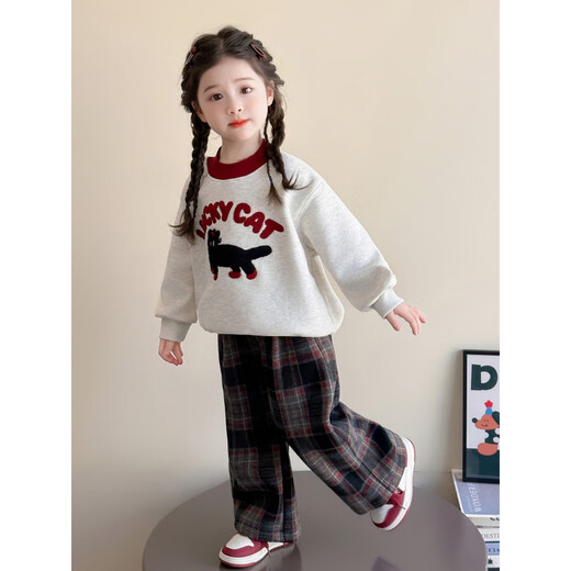 NACJOM Girls' Velvet Sweater Set Autumn and Winter 2025 New Style Baby Girl Winter Clothes Giant Good-looking Plaid Two-piece Set Red Plaid 110 cm