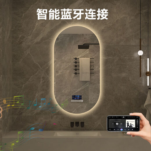Oval wall-mounted smart bathroom mirror beauty salon with lighted LED touch screen induction defogging high-definition makeup mirror Type B + Tmall Elf intelligent control + Bluetooth + defogging + three-color stepless dimming 16
