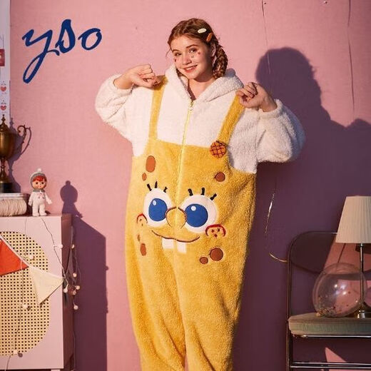Sunayue SpongeBob SquarePants pajamas, the same style for male and female couples in autumn and winter, one-piece pajamas that can be worn outside, warm and cute home clothes, SpongeBob SquarePants straps style thickened S Height 145-155