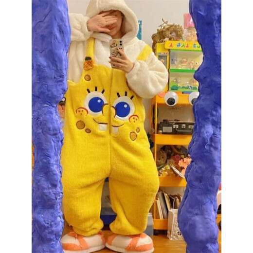 Sunayue SpongeBob SquarePants pajamas, the same style for male and female couples in autumn and winter, one-piece pajamas that can be worn outside, warm and cute home clothes, SpongeBob SquarePants straps style thickened S Height 145-155