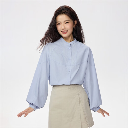 Giordano intellectual style shirt women's cotton stand-up collar raglan sleeves loose long-sleeved shirt 13345853