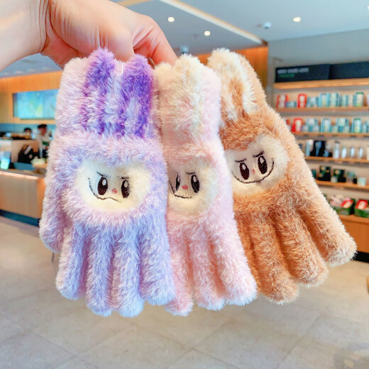 Children's new pull cloth gloves winter for boys and girls plus velvet and thickening cute and warm five-finger writing baby cold-proof beige overalls half-finger gloves Recommended age 7-14 years old