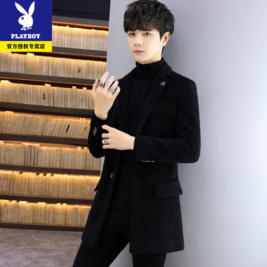 Playboy Woolen Coat Men's Autumn and Winter Korean Slim Windbreaker Men's Mid-Length Cotton and Thickened Mink Woolen Coat Men's Gray Cotton and Thickened XL