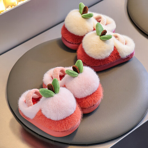 Tiaodegao children's cotton slippers for girls, indoor and outdoor home warm floor shoes, cute cartoon apple plush cotton shoes, red, size 26-27, inner length about 17cm