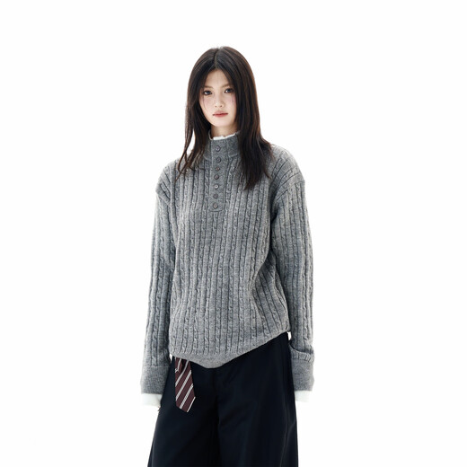 Fake two-piece twist Henry collar sweater for men and women in winter lazy style high-end American retro youth sweater khaki 2XL