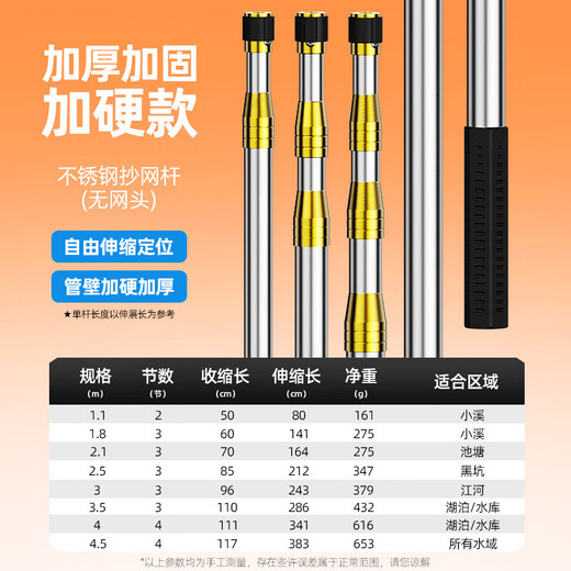 New stainless steel fishing net telescopic pole fishing net folding net head anti-hanging thick super hard large object fishing net fishing gear ultra thick super solid super hard net fishing rod no net head 3m