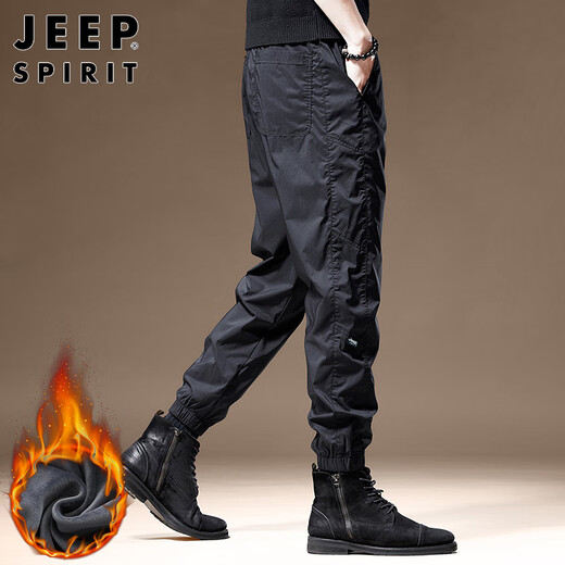 JEEP SPIRIT Jeep Velvet Men's Casual Pants Winter Large Size Charge Leg Sports Workwear Pants Black Velvet XL