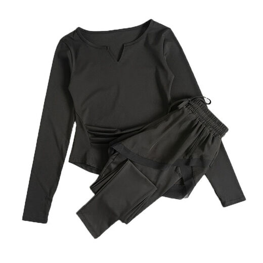 Yoga clothing women's suit autumn and winter 2024 new quick-drying running sports women's suit Pilates fitness clothing red long sleeves + purple trousers M