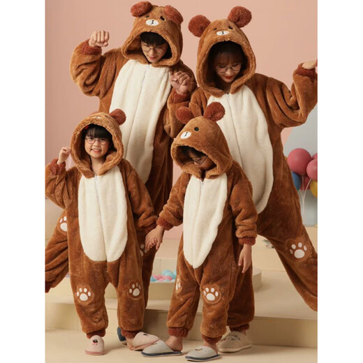 COMIC SOUL Big Bear two-piece pajamas, autumn and winter parent-child clothing for a family of three, coral velvet thickened children's home clothes for four people SDM81101 Brown Bear one-piece toilet zipper style 100 cm (8 sizes suitable for 90-103cm)