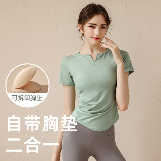 Yuebu yoga clothes with chest pads for women Pilates training fitness tops 2025 new sports running suit short-sleeved T-shirt green with chest pads S recommended 80-100Jin Jin equals 0.5 kg