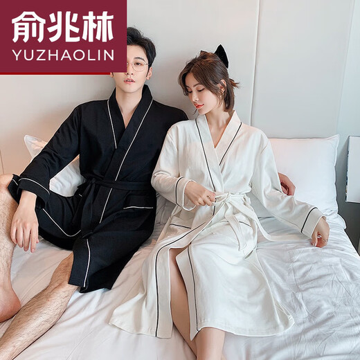 俞兆林情侣款睡衣网红春夏款可爱睡袍浴袍纯棉亲肤透气舒适可吸水家居服 723蓝白格女 M(80-100斤)