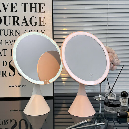 Light luxury desktop makeup mirror with LED light desktop touch-up dormitory office makeup mirror white small size rechargeable